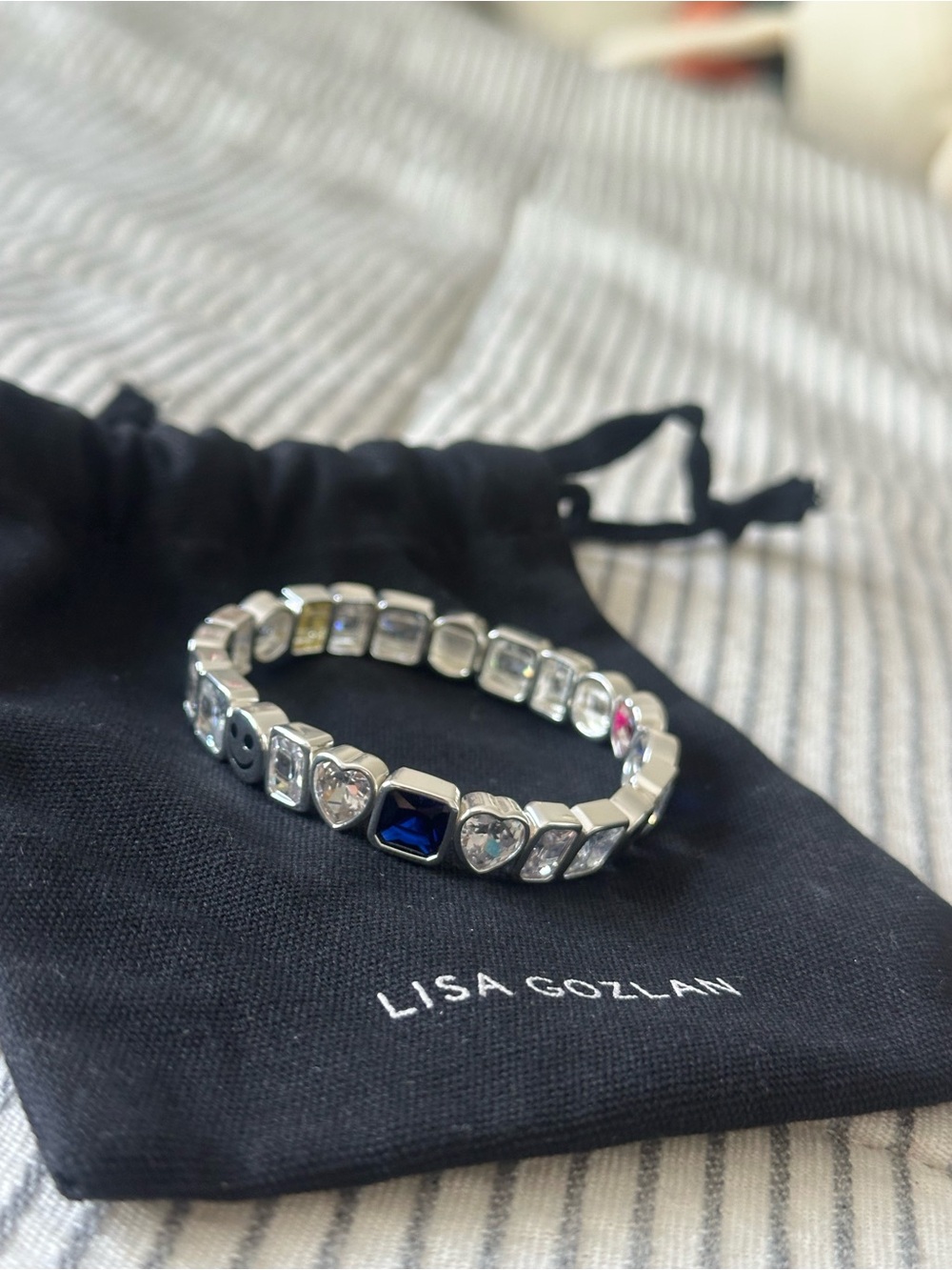 Lisa Gozlan Silver-Tone Stretch Bracelet with Blue and Clear Stones